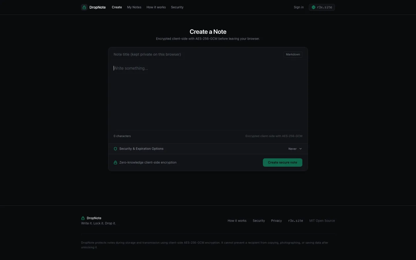 The composer. Expiry, view limits and burn-after-reading are set before the note is encrypted, so the destruction rules travel with the ciphertext.