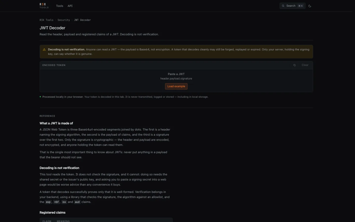 The JWT decoder. Header, payload and signature broken out locally — a token pasted here never leaves the tab, which matters when the token is a live credential.