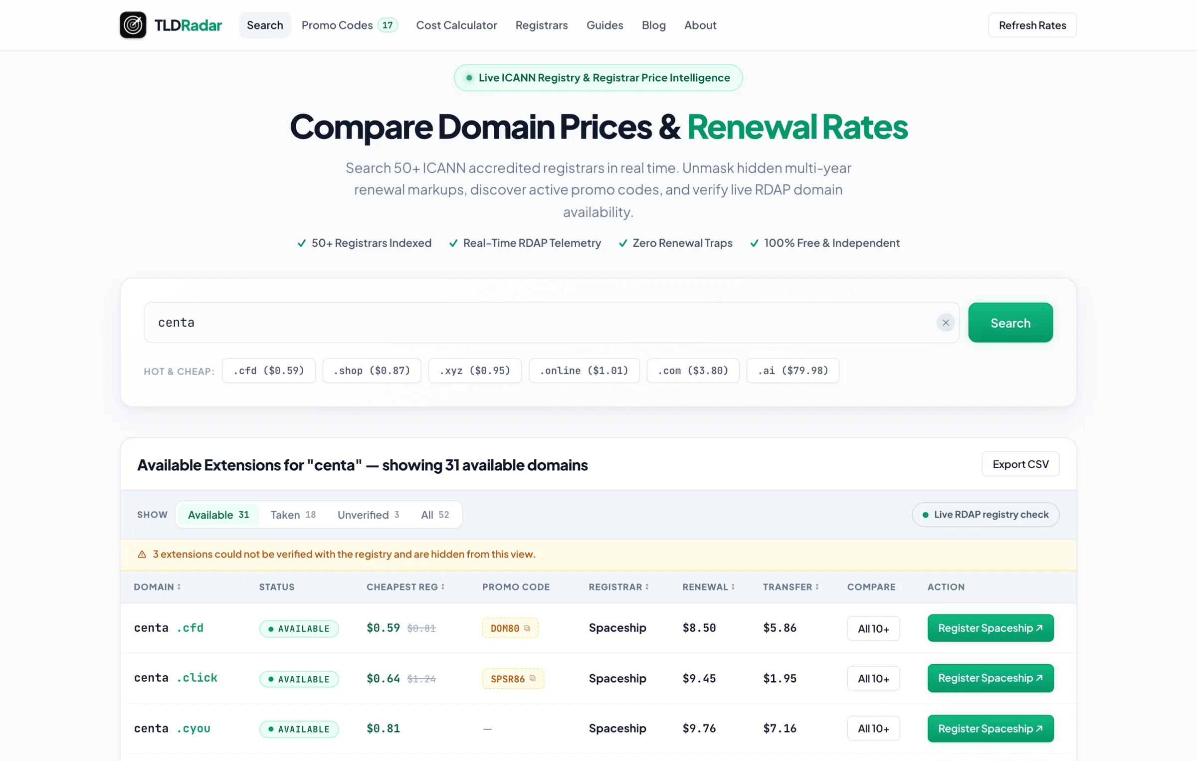 Screenshot of TLDRadar — Domain Price Intelligence